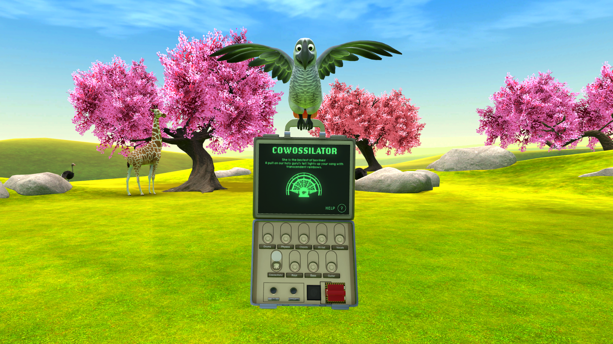 A parrot flying in the air with the handle of a briefcase in its claws. The briefcase is open, showing a computer screen with an instruction displayed.