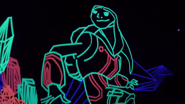 A gif flythrough of dark room with multiple cubbies. On the walls are tape art characters from Chorus glowing under blacklight